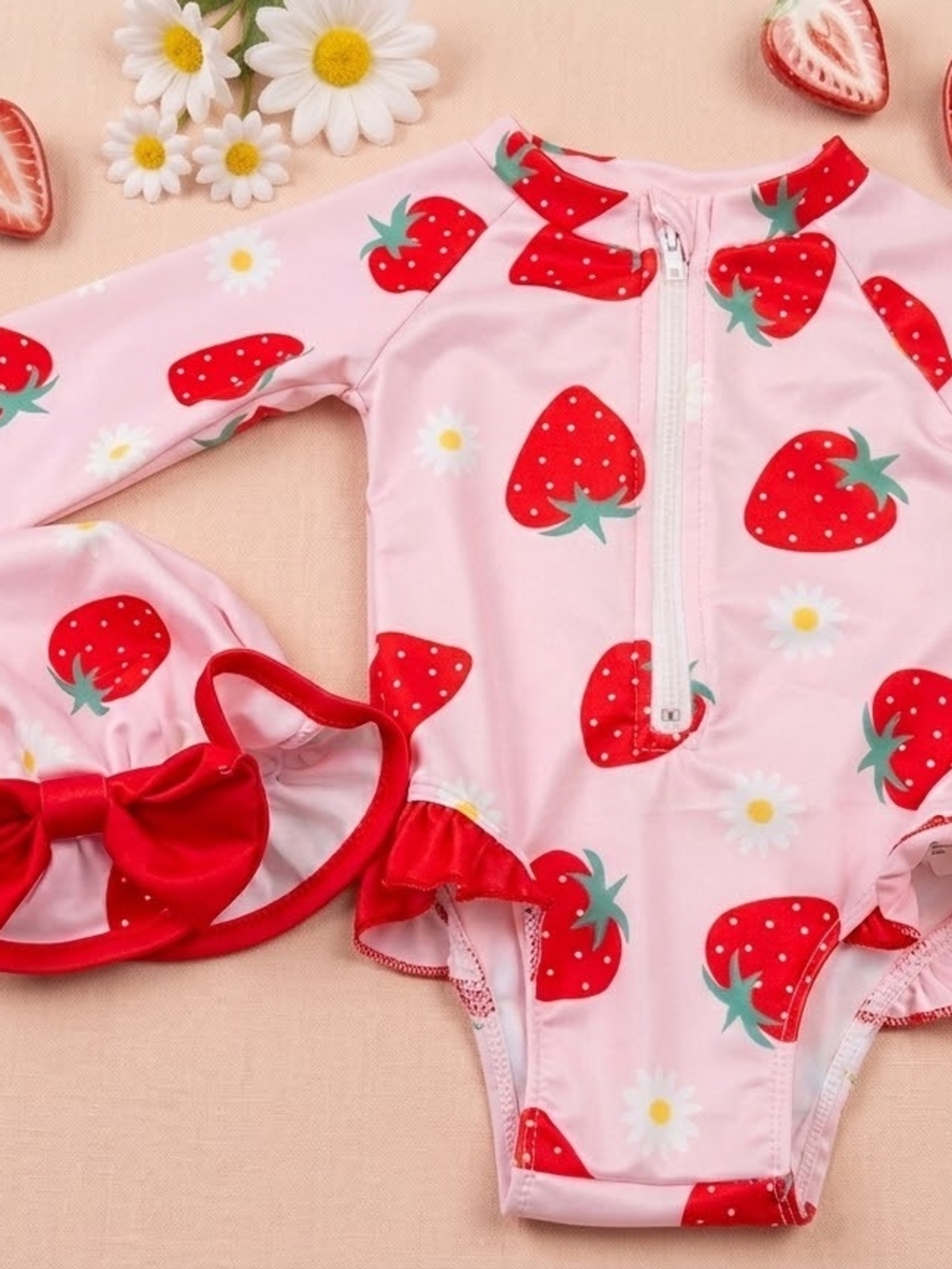 Kids Strawberry Print One-Piece Swimsuit with Cap - Pink